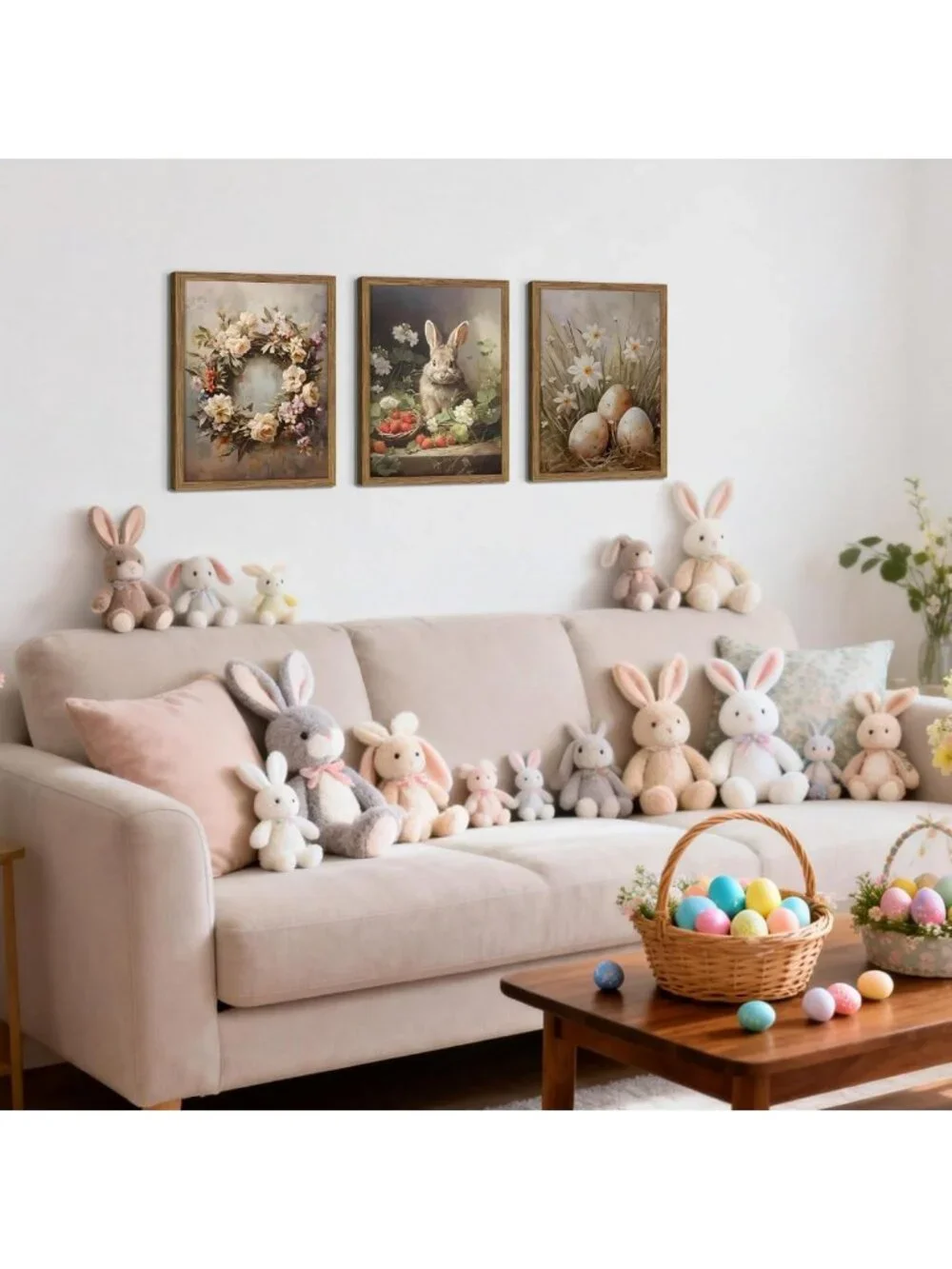 Vintage Easter Bunny Wall Art Set of 3 - Rustic Spring Canvas Decor for Home